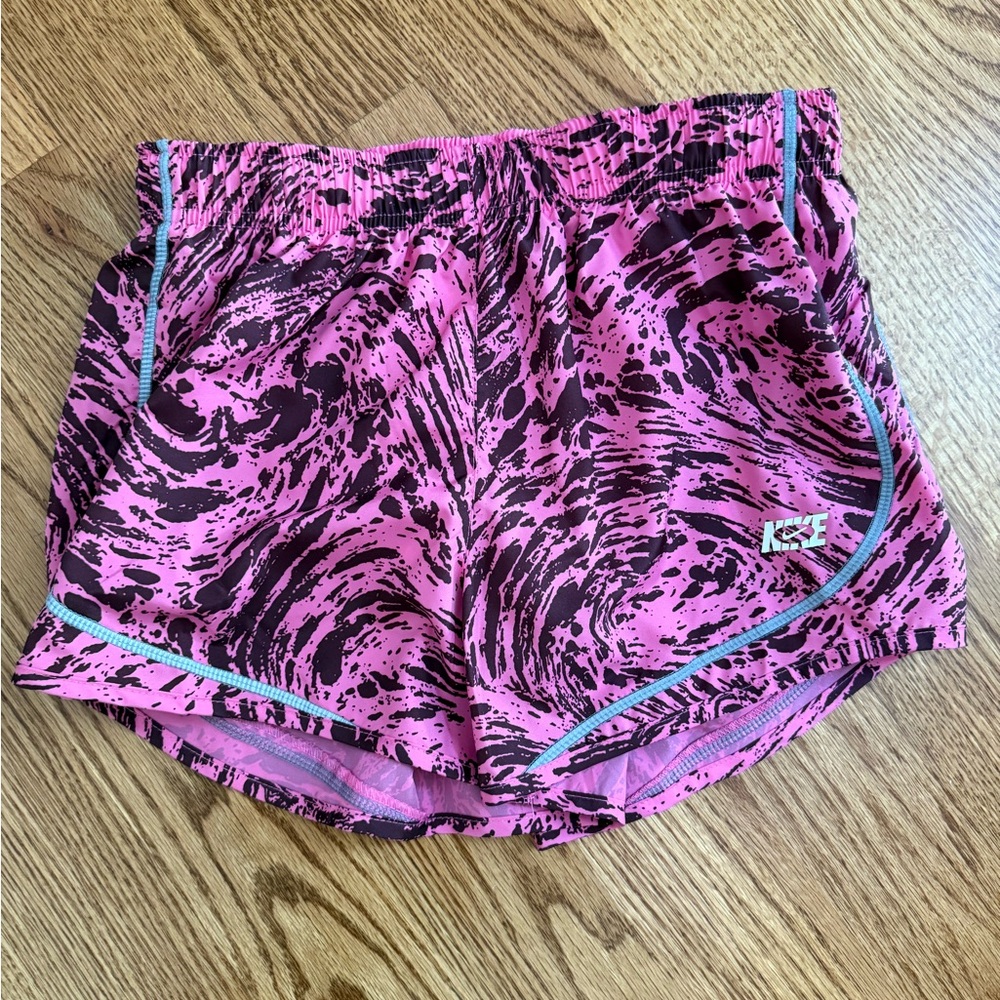 Nike Pink and Black Athletic Shorts with Swirling Pattern